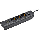 Удлинитель (IEK) Modern черый, 3 места+3 USB, 2м, ПВС 3х1, с з/к 16А 